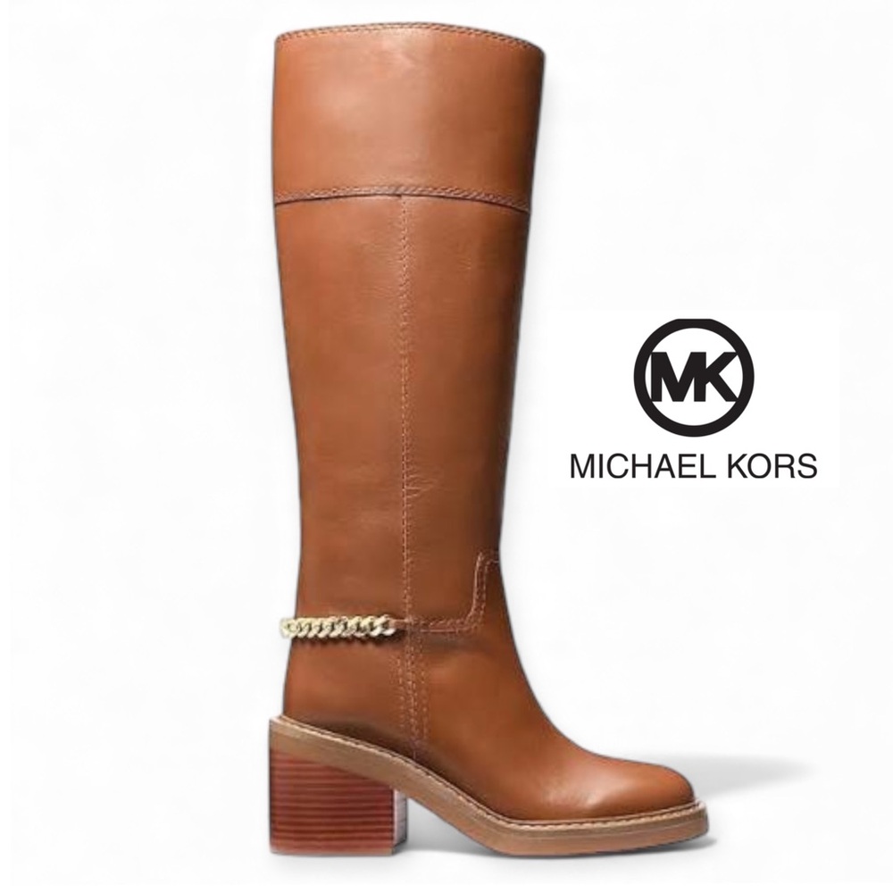 NEW Michael Kors Carlisle 75MM Leather Knee-High Boots Luggage Cognac Brown 9 M